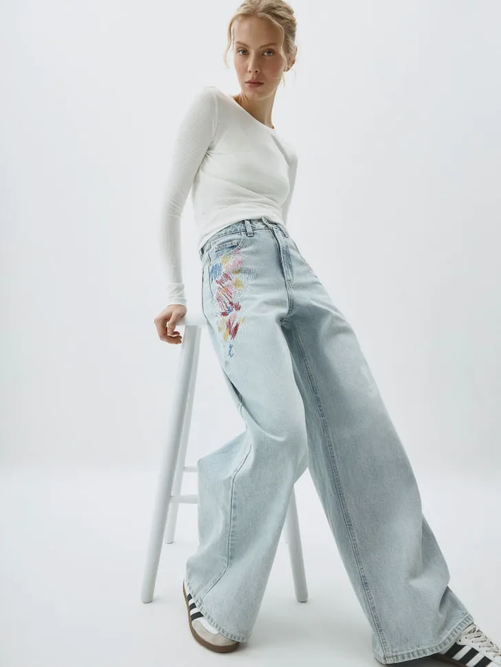 Джинсы WIDE LEG с вышивкой, голубой, арт. 11096