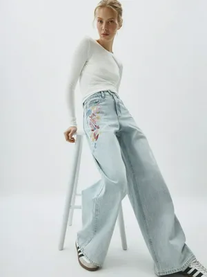 Джинсы WIDE LEG с вышивкой, голубой, арт. 11096