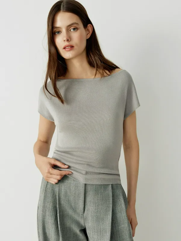 Джемпер Sela из лиоцелла с коротким рукавом и горловиной лодочка, серый, арт. SL6808010224