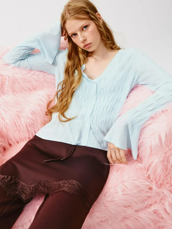 Кардиган Sela вязаный со сборками, голубой, арт. SL6808210605