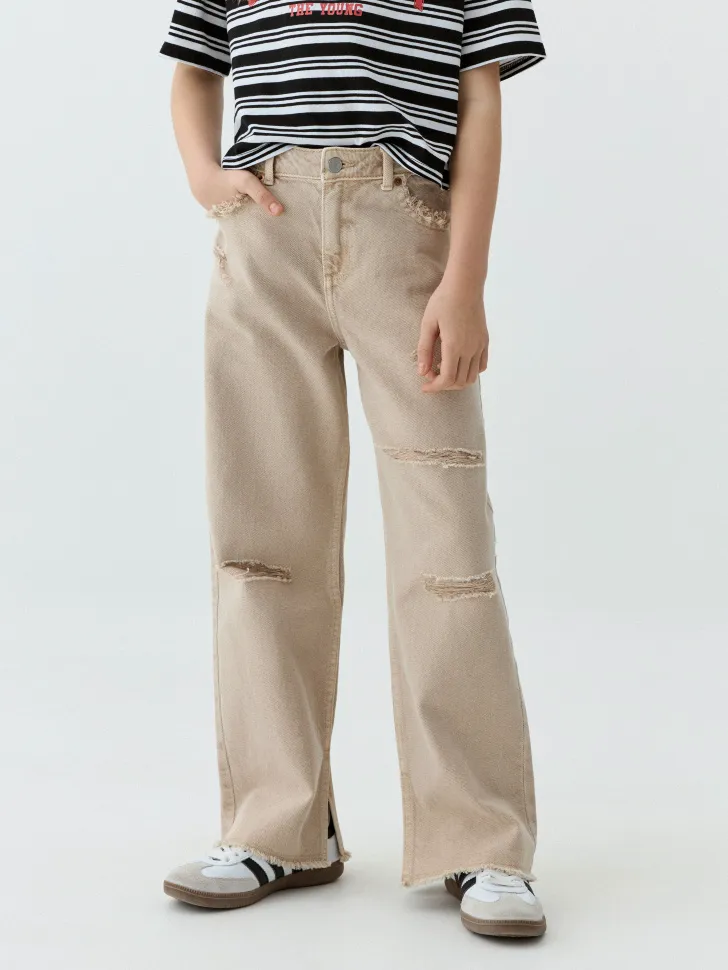 Рваные джинсы Wide leg, бежевый, арт. 14876