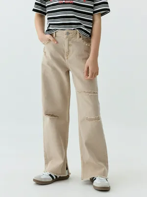 Рваные джинсы Wide leg, бежевый, арт. 14876