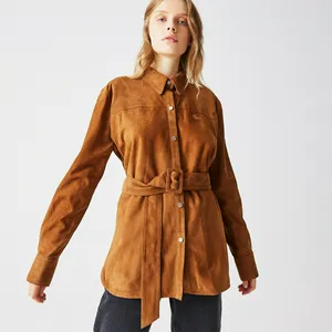 Женское кожаное полупальто Lacoste с поясом, коричневый, арт. BF0241