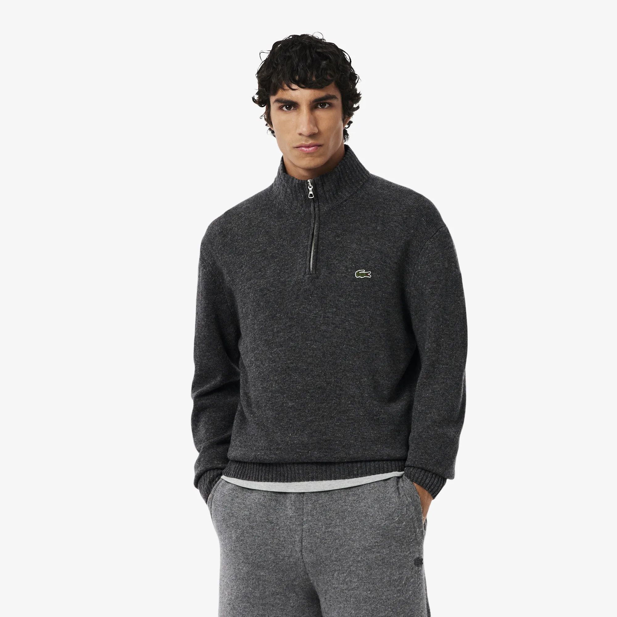 Шерстяной свитер Lacoste на молнии с высоким воротом, серый, арт. AH3052