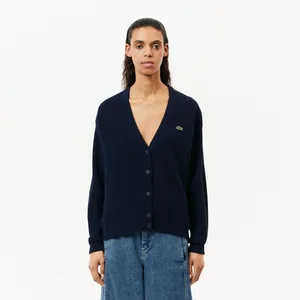 Женский шерстяной кардиган Lacoste с V-образным вырезом, синий, арт. AF9545