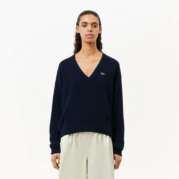 Женский шерстяной свитер Lacoste Relaxed Fit с V-образным вырезом, синий, арт. AF9554