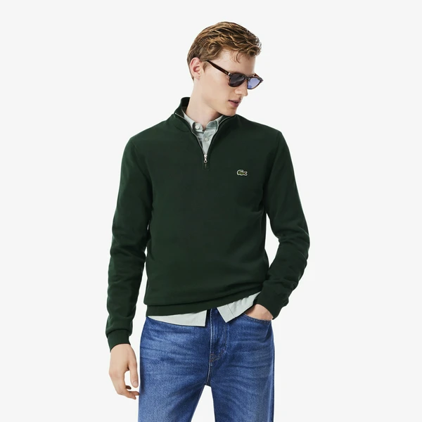 Мужской хлопковый свитер Lacoste на молнии с высоким воротом, зеленый, арт. AH1980