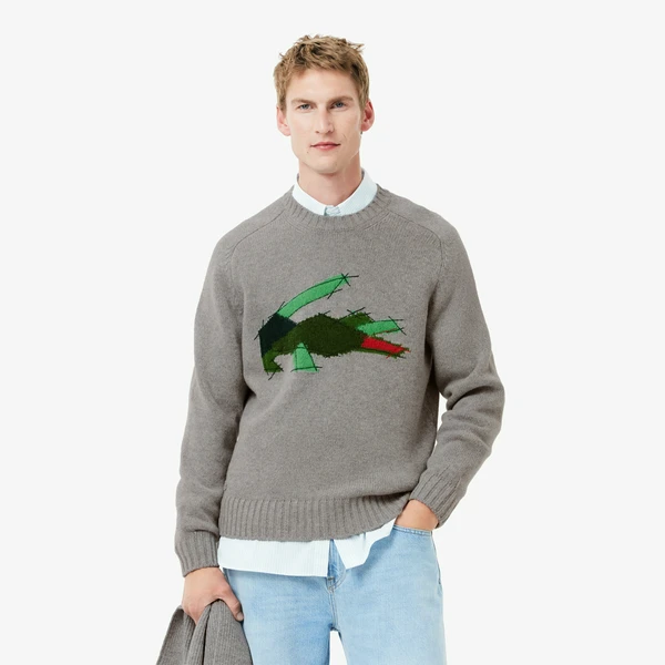 Мужской шерстяной свитер Lacoste с круглым вырезом, серый, арт. AH3145