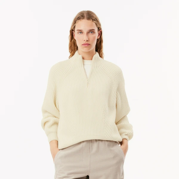 Женский шерстяной свитер Lacoste на молнии, белый, арт. AF2528
