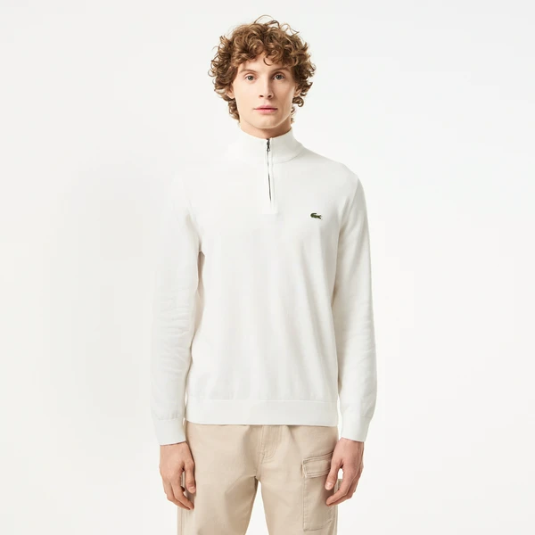 Мужской хлопковый свитер Lacoste на молнии с высоким воротом, белый, арт. AH1980