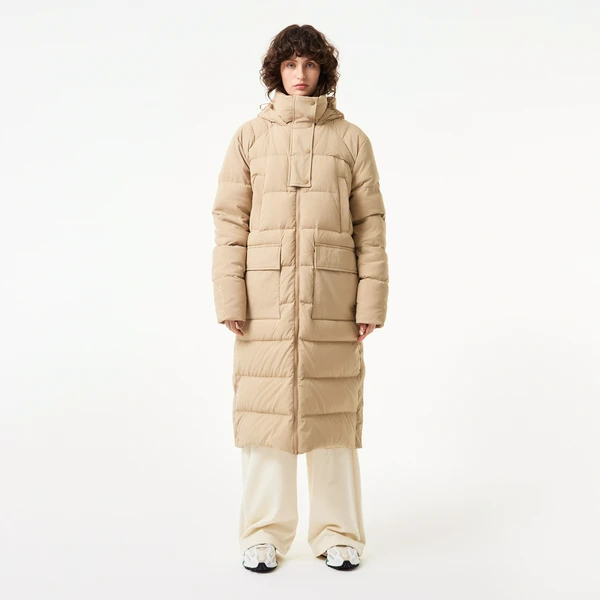 Пуховик Lacoste длинный с высоким воротом, бежевый, арт. BF2517