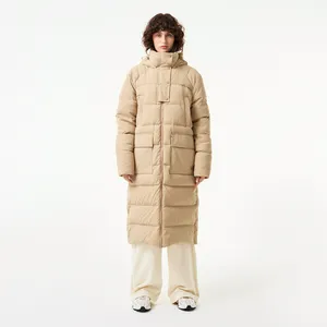 Пуховик Lacoste длинный с высоким воротом, бежевый, арт. BF2517