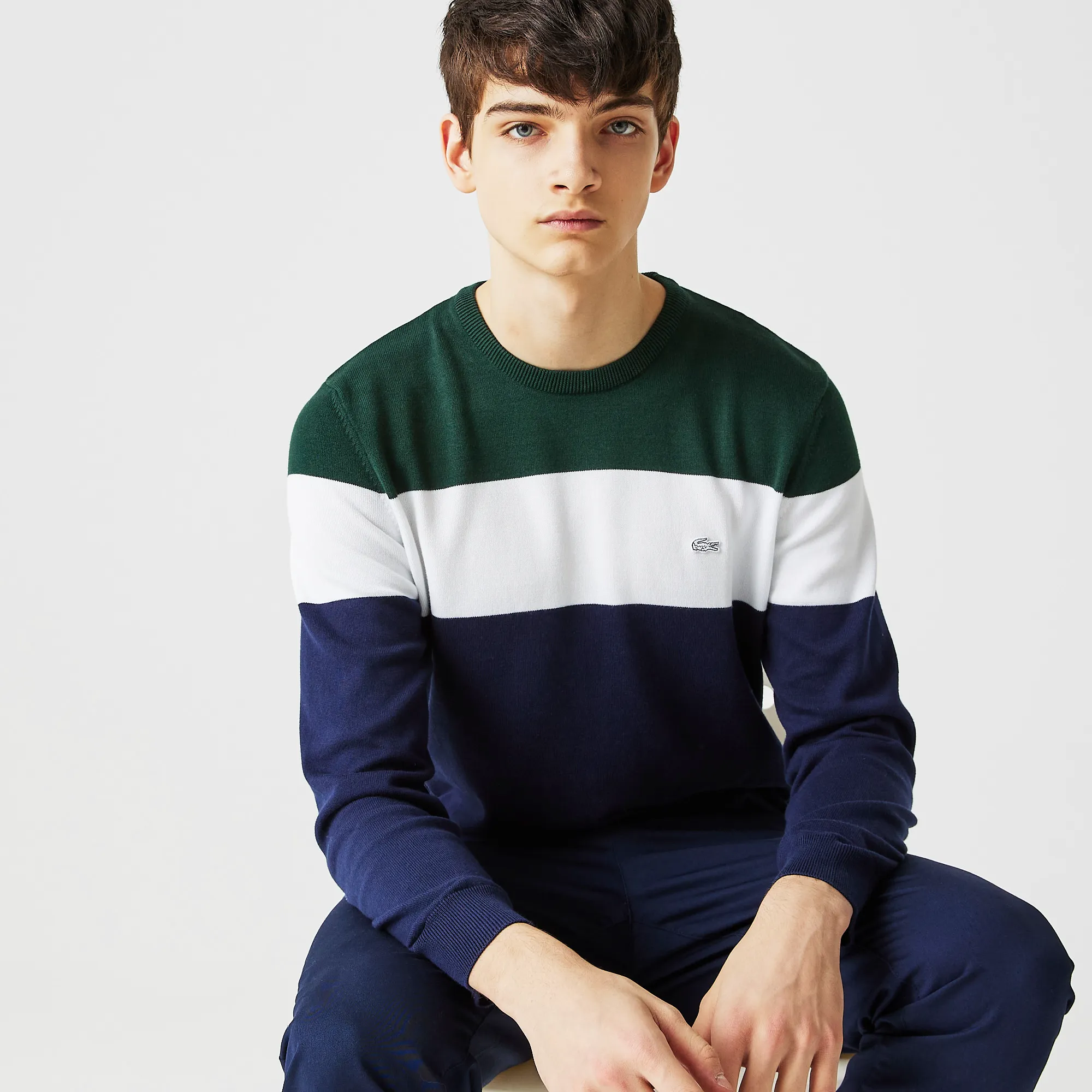 Мужской свитер Lacoste с эластичными манжетами и круглым вырезом, разноцветный, арт. AH2157