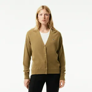 Женский шерстяной кардиган Lacoste с V-образным вырезом, коричневый, арт. AF9545