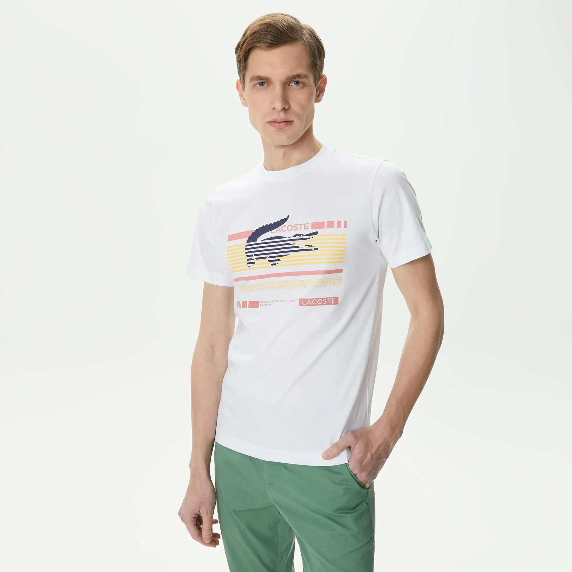 Мужская приталенная футболка Lacoste с круглым вырезом, белый, арт. TH0418