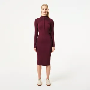Женское облегающее длинное платье Lacoste на молнии с длинным рукавом, бордовый, арт. EF2502