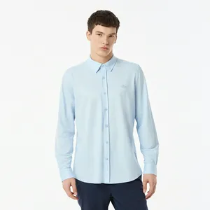 Рубашка унисекс Lacoste в полоску с вышивкой под крокодила, голубой, арт. CH0530