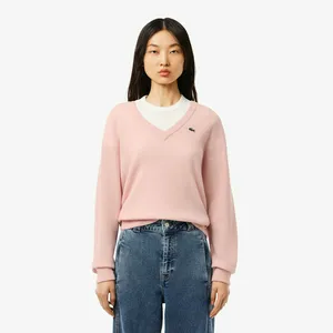 Женский шерстяной свитер Lacoste Relaxed Fit с V-образным вырезом, розовый, арт. AF9554