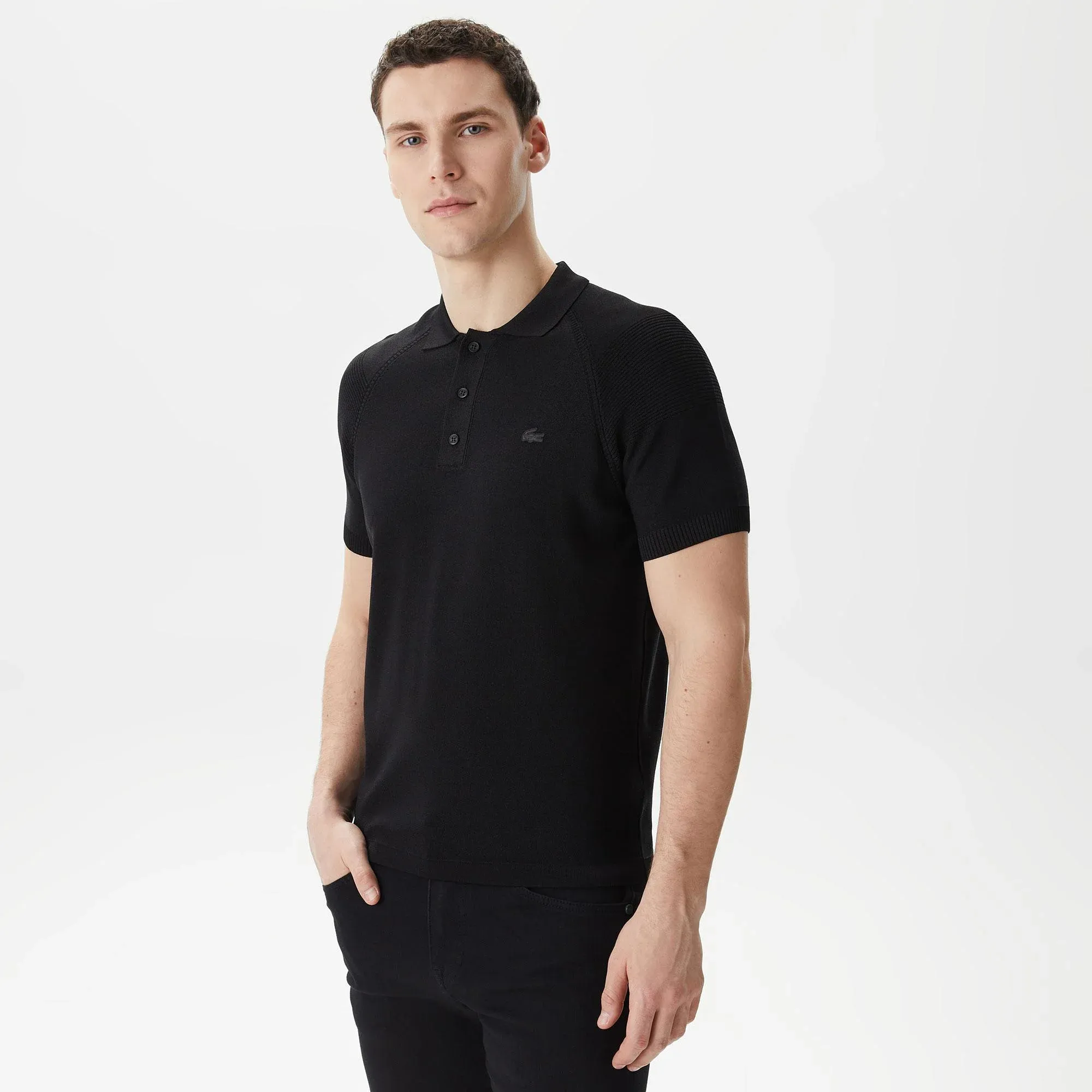Мужское тёплое трикотажное поло Lacoste, черный, арт. AH0322