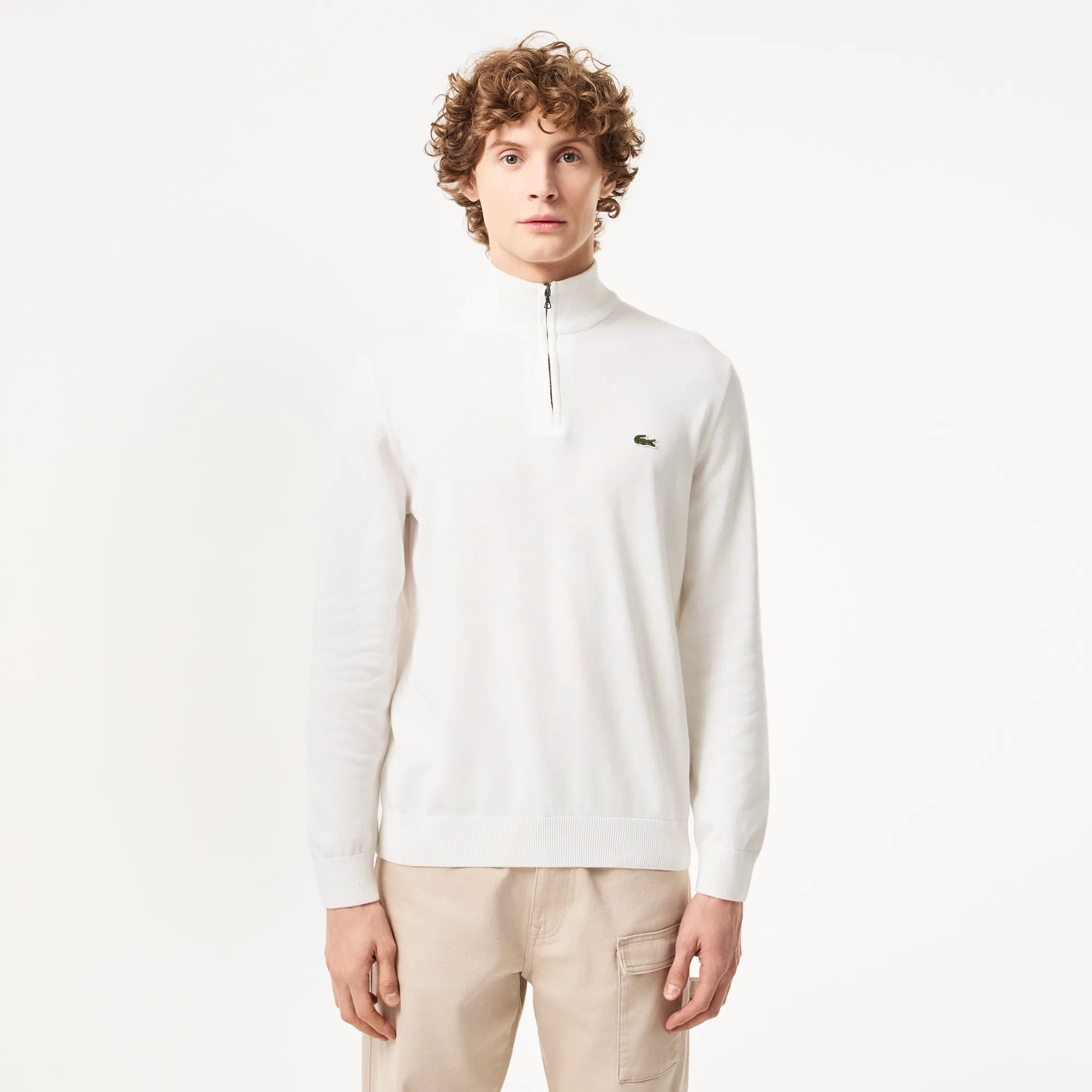 Мужской хлопковый свитер Lacoste на молнии с высоким воротом, белый, арт. AH1980